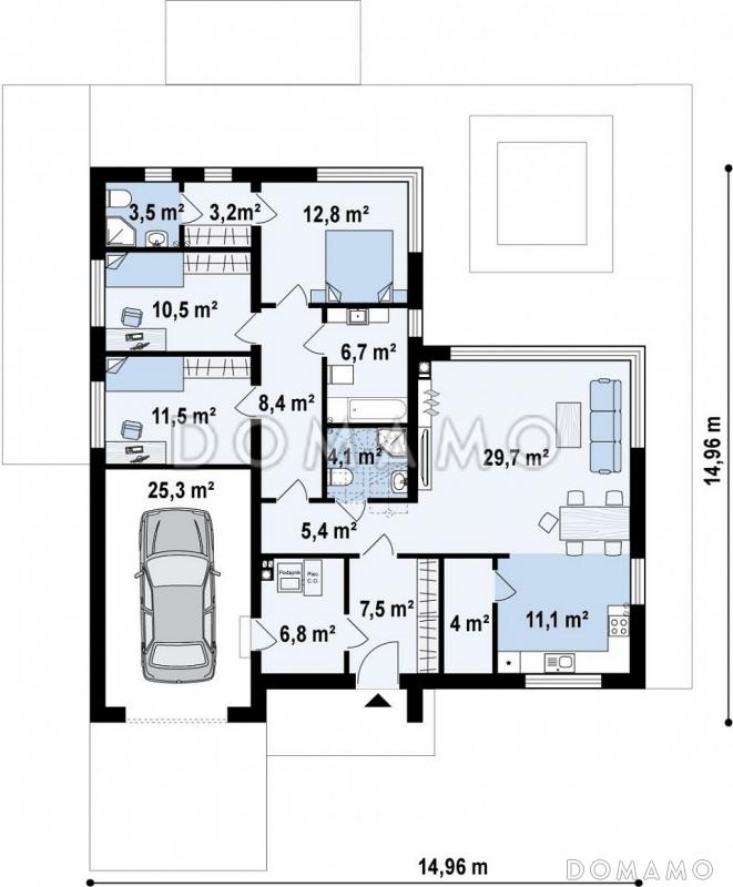 Проект комфортного одноэтажного дома из кирпича с гаражом и панорамным остеклением гостиной / План 1 этажа