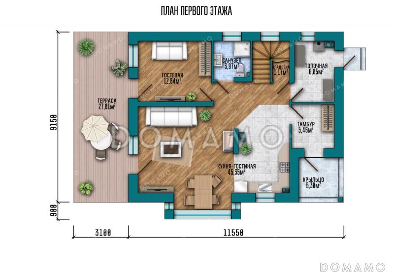 Проект дома с 3 спальнями, гостевой и просторной кухней-гостиной / План 1 этажа
