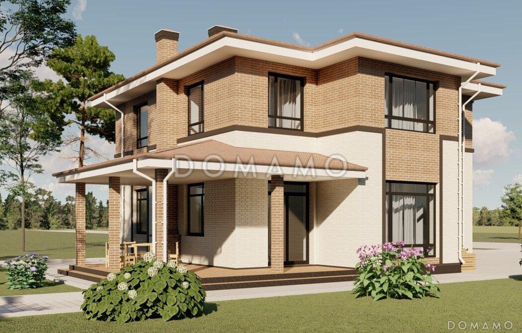 Проект двухэтажного дома из кирпича с двумя каминами на большой террасе и в гостиной / 2