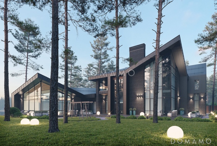 Проект большого кирпичного коттеджа с террасой барбекю, бассейном и винным погребом