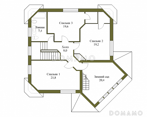 Проект коттеджа с подвалом и зимним садом из кирпича / План 2 этажа