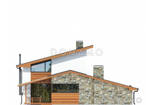 Проект дома с навесом на две машины, крытой террасой, спальней на первом этаже, балконом / Фасад 3