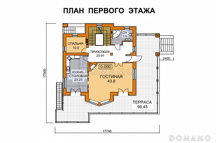 Проект дома из кирпича для неровных участков / План 1 этажа Проект дома из кирпича для неровных участков / План 1 этажа