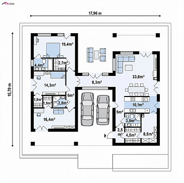 Проект оригинального одноэтажного дома из кирпича с крытой парковкой внутри дома / План 1 этажа