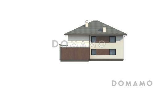 Проект просторного двухэтажного дома из кирпича со встроенным гаражом и двумя террасами на обоих уровнях / Фасад 1