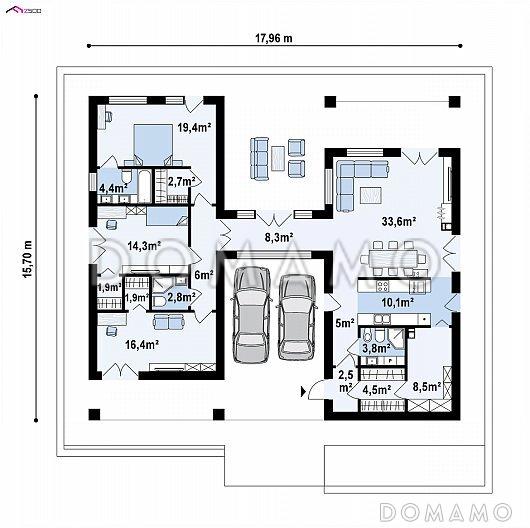 Проект оригинального одноэтажного дома из кирпича с крытой парковкой внутри дома / План 1 этажа