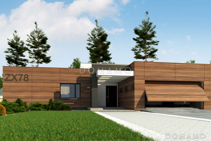 Проект просторного современного одноэтажного дома из кирпича с плоской крышей с тремя спальнями, крытой террасой и гаражом Проект просторного современного одноэтажного дома из кирпича с плоской крышей с тремя спальнями, крытой террасой и гаражом