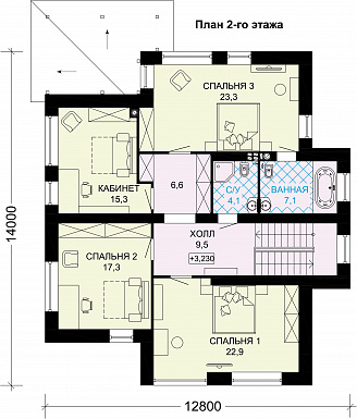 Проект двухэтажного дома из газобетона с крытой террасой, просторной гостиной с камином / План 2 этажа Проект двухэтажного дома из газобетона с крытой террасой, просторной гостиной с камином / План 2 этажа