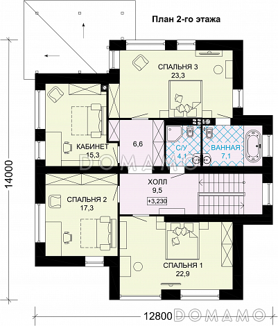 Проект двухэтажного дома из газобетона с крытой террасой, просторной гостиной с камином / План 2 этажа Проект двухэтажного дома из газобетона с крытой террасой, просторной гостиной с камином / План 2 этажа
