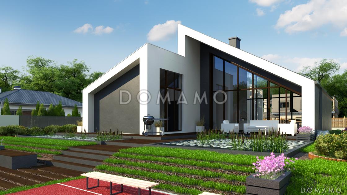 Проект одноэтажного дома с косой крышей, большими террасами, панорамным остеклением дневной зоны / 1