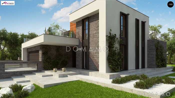 Проект современного двухэтажного дома из кирпича с плоской крышей, со вторым светом, террасами на двух уровнях и гаражом Проект современного двухэтажного дома из кирпича с плоской крышей, со вторым светом, террасами на двух уровнях и гаражом