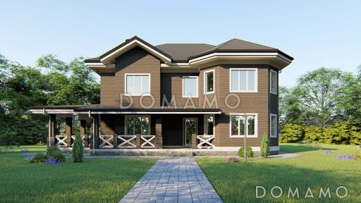 Проект загородного дома с террасами, детской и гостевой с эркером, сауной, просторной гардеробной на втором этаже  / Фасад 3