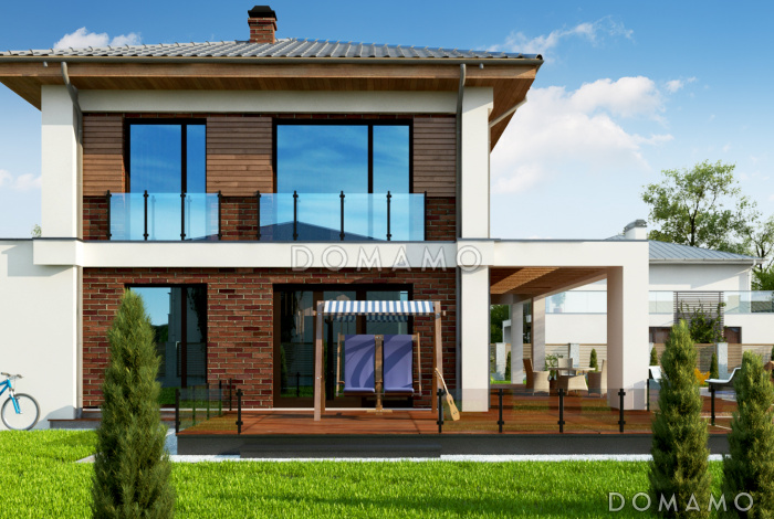 Проект современного двухэтажного дома из кирпича с четырьмя комнатами и уютной частично крытой террасой