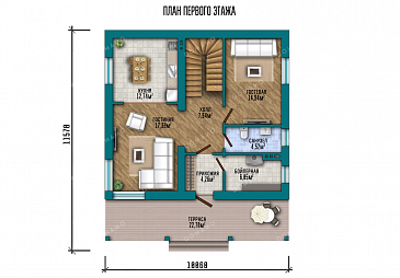 Проект двухэтажного дома с большой гостиной и террасой / План 1 этажа