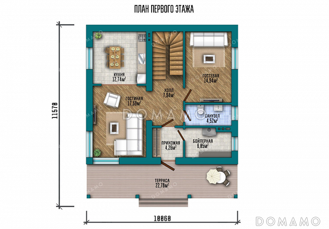 Проект двухэтажного дома с большой гостиной и террасой / План 1 этажа