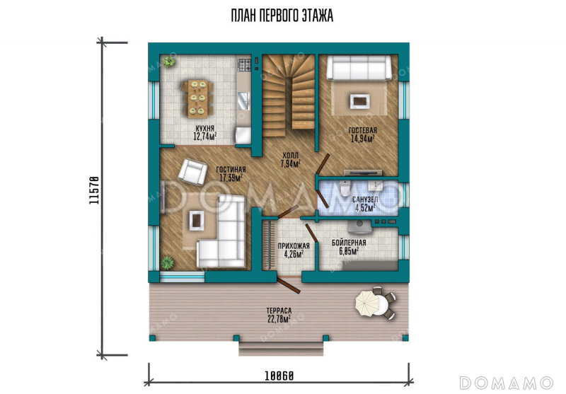 Проект двухэтажного дома с большой гостиной и террасой / План 1 этажа