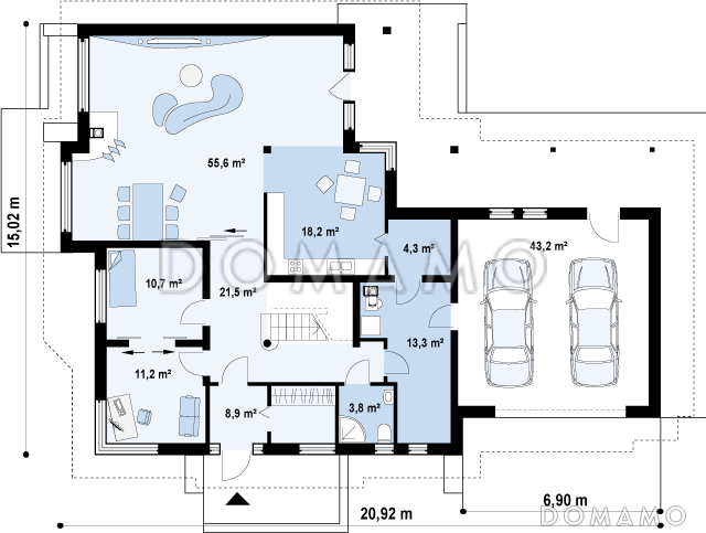 Проект просторного одноэтажного мансардного дома из кирпича с пятью комнатами, балконом и гаражом / План 1 этажа