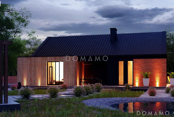 Проект одноэтажного дома из кирпича с кабинетом, двумя спальнями и кинозалом на мансарде