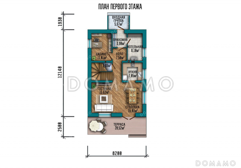 Проект двухэтажного дома с террасой / План 1 этажа