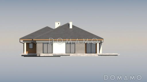 Проект одноэтажного просторного дома из кирпича с крытой террасой, эркером и гаражом для двух автомобилей / Фасад 1