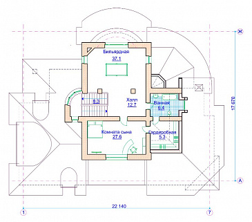 Проект коттеджа в стиле модерн с гаражом на 2 а/м и сауной / План мансардного этажа Проект коттеджа в стиле модерн с гаражом на 2 а/м и сауной / План мансардного этажа