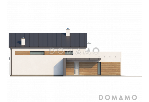 Проект двухэтажного дома из газобетона с двухскатной крышей с четырьмя комнатами, гаражом и открытой террасой над ним / Фасад 2
