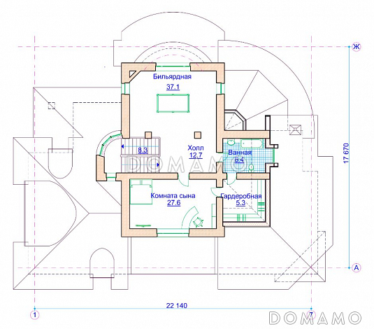 Проект коттеджа в стиле модерн с гаражом на 2 а/м и сауной / План мансардного этажа Проект коттеджа в стиле модерн с гаражом на 2 а/м и сауной / План мансардного этажа