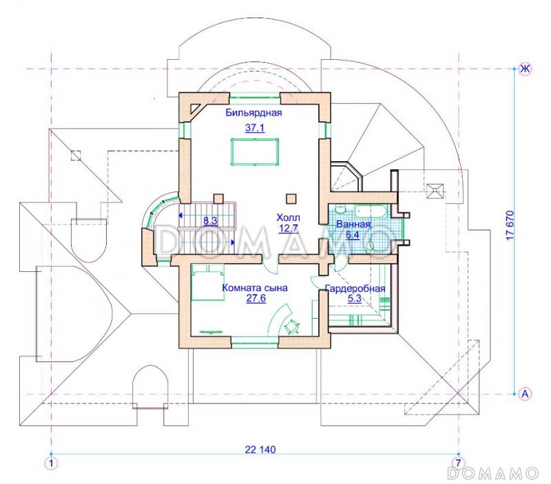 Проект коттеджа в стиле модерн с гаражом на 2 а/м и сауной / План мансардного этажа