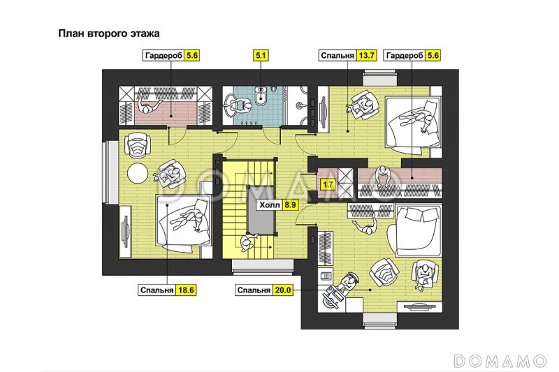 Проект загородного дома из панелей SIP с тремя спальнями на мансардном этаже, круглым окном, гаражом на одну машину / План мансардного этажа