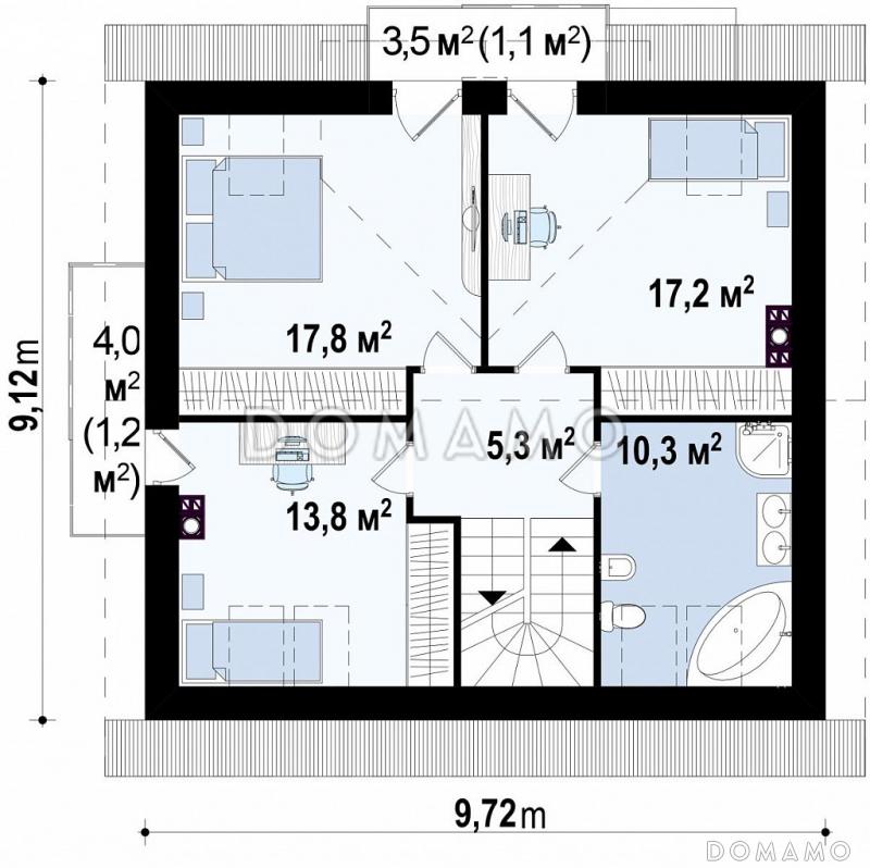 Проект одноэтажного мансардного дома из газобетона в современном исполнении с четырьмя комнатами и балконом / План мансардного этажа
