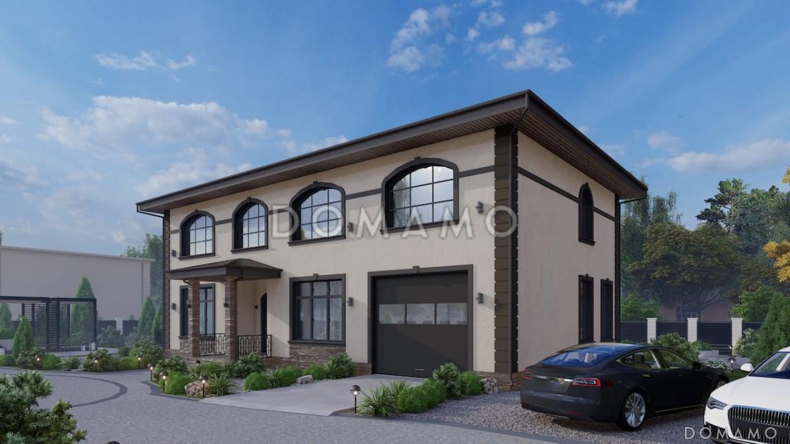 Проект двухэтажного дома из газобетона с 5 спальнями, сауной и гаражом на 1 машину / 1