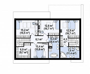 Проект комфортного одноэтажного мансардного дома из газобетона для двух семей / План мансардного этажа Проект комфортного одноэтажного мансардного дома из газобетона для двух семей / План мансардного этажа