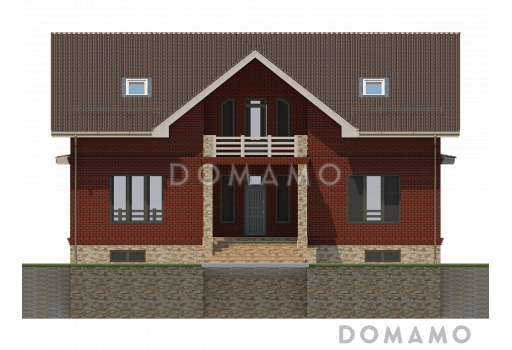 Проект дома с мансардным и цокольным этажом, с гаражом и крытой террасой на втором этаже / Фасад 1