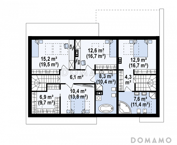 Проект комфортного одноэтажного мансардного дома из газобетона для двух семей / План мансардного этажа Проект комфортного одноэтажного мансардного дома из газобетона для двух семей / План мансардного этажа