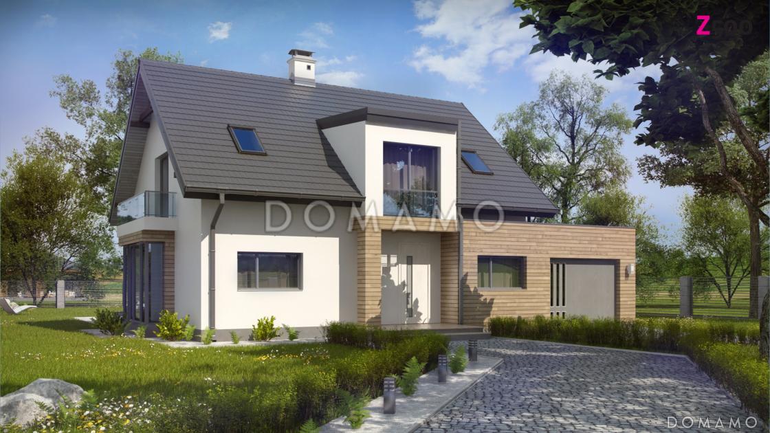 Проект одноэтажного мансардного дома из кирпича с остеклённым прямоугольным эркером, панорамными окнами на мансарде и гаражом / 2