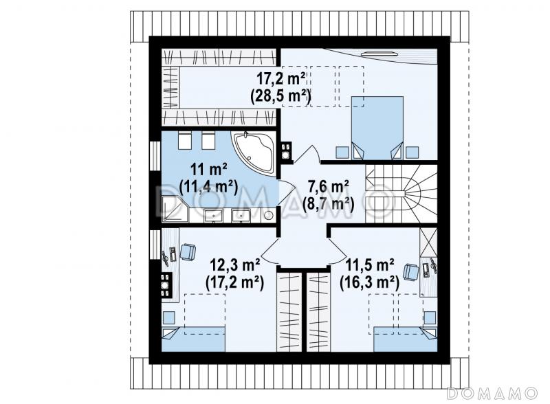 Проект одноэтажного мансардного дома из газобетона с дополнительной спальней на первом этаже  / План мансардного этажа