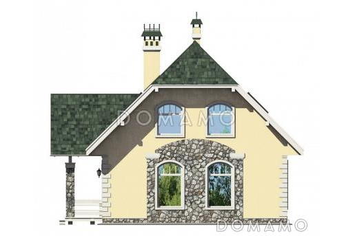 Проект уютного загородного дома из SIP панелей с ажурным крыльцом под зеленой крышей / Фасад 1