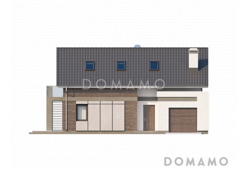 Проект одноэтажного мансардного дома из газобетона с балконом и с фронтальным пристроенным гаражом / Фасад 2