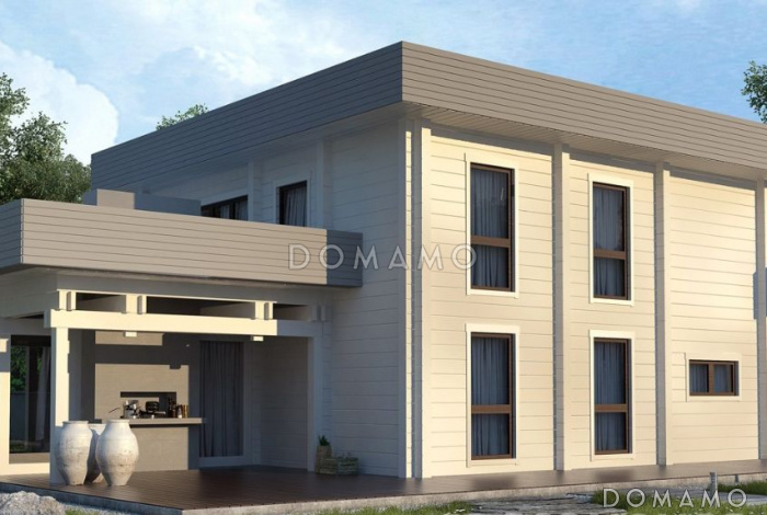 Проект двухэтажного дома из клееного бруса с панорамным остеклением в спальне Проект двухэтажного дома из клееного бруса с панорамным остеклением в спальне