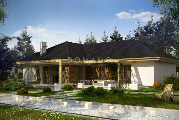 Проект одноэтажного дома из газобетона с просторной гостиной и гаражом на два автомобиля