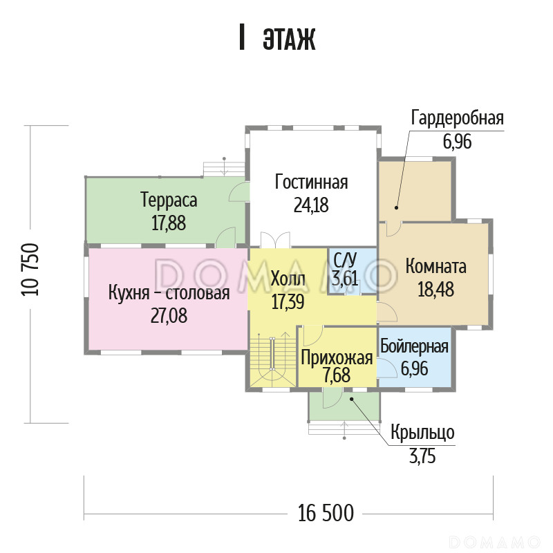 Проект каркасного дома с большими окнами / План 1 этажа