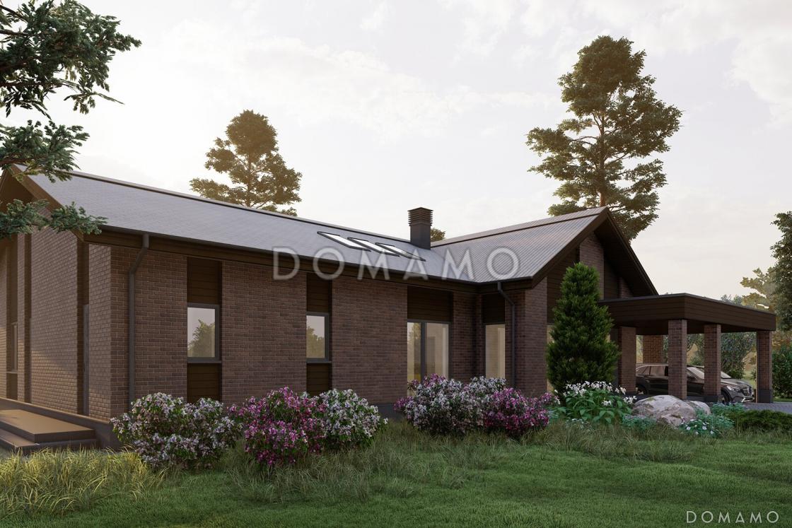 Проект кирпичного Г-образного дома с 3 спальнями, сауной и барбекю на террасе / 2