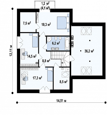 Проект дома с гаражом, просторной гостиной, французскими балконами, чердаком / План мансардного этажа