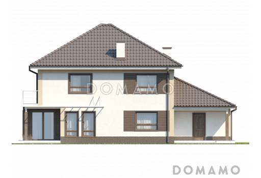 Проект двухэтажного дома из кирпича с эркером и балконом над ним, с тремя спальнями, кабинетом и гаражом / Фасад 2