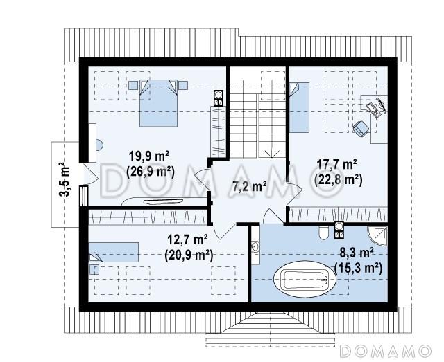 Проект классического мансардного дома из газобетона с дополнительной спальней на первом этаже и эркером в столовой зоне / План мансардного этажа