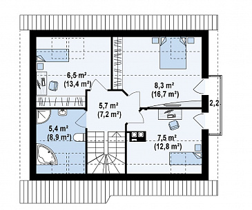 Проект небольшого одноэтажного мансардного дома из кирпича с дополнительной комнатой на первом этаже и эркером / План мансардного этажа Проект небольшого одноэтажного мансардного дома из кирпича с дополнительной комнатой на первом этаже и эркером / План мансардного этажа