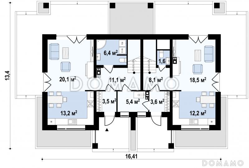 Проект комфортного мансардного дома из газобетона для двух семей / План 1 этажа