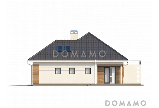 Проект одноэтажного мансардного дома из газобетона с гостевой спальней и кабинетом на первом этаже и встроенным гаражом / Фасад 4