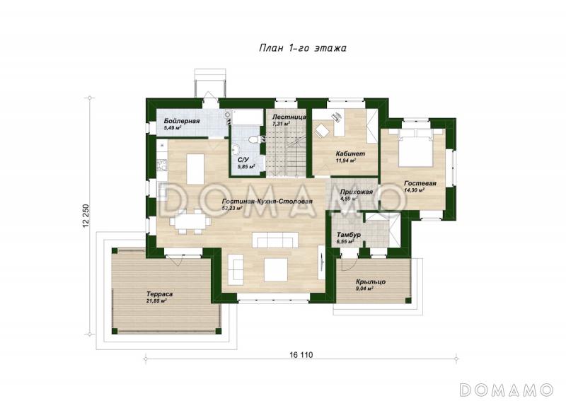 Проект дома из газобетона с 4 спальнями, кабинетом, вторым светом в гостиной и панорамными окнами / План 1 этажа