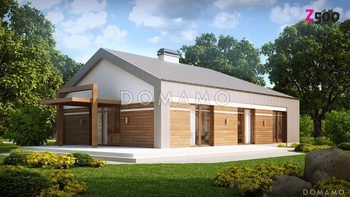 Проект углового одноэтажного дома из кирпича с облицовкой деревянной вагонкой и с гаражом на два автомобиля / 2